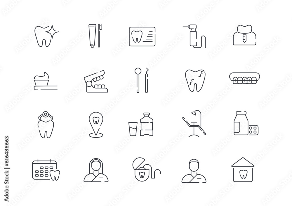 Dental elements editable stroke pictogram and minimal thin line web icon set. Outline icons collection. Simple vector illustration Dental elements editable stroke pictogram and minimal thin line web icon set. Outline icons collection. Simple vector illustration