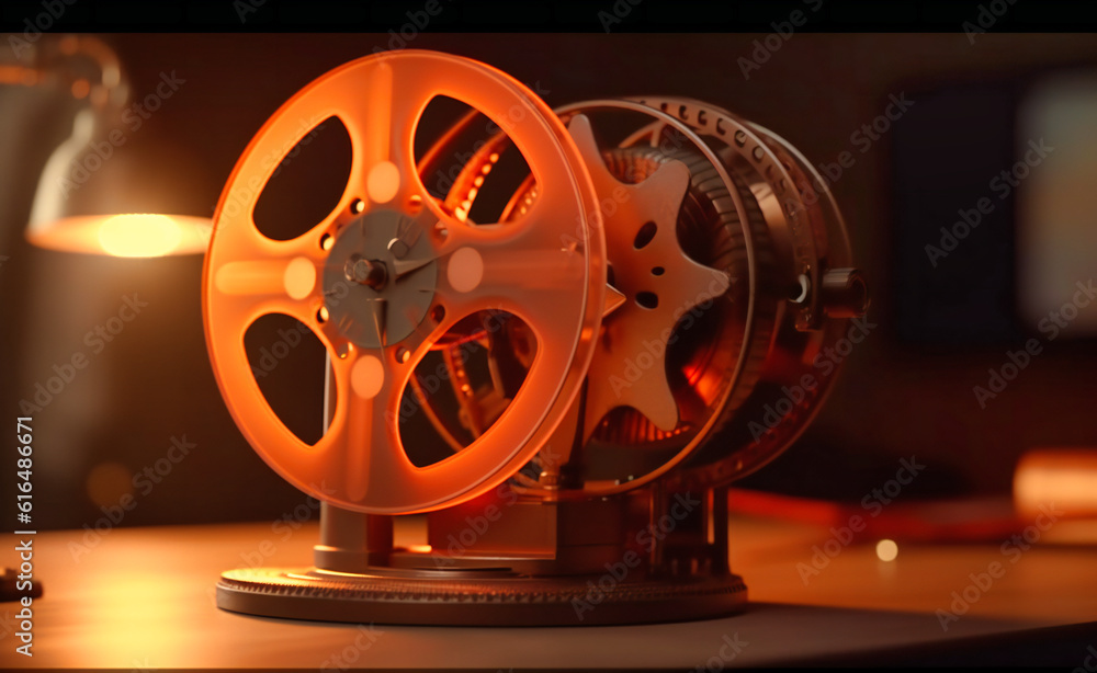 a movie reel is seen in the background