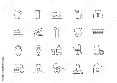 Dental elements editable stroke pictogram and minimal thin line web icon set. Outline icons collection. Simple vector illustration
