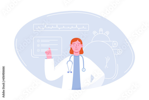 Cardiology. Checking heart health, cardiologists and cardiovascular pressure. Transplant research, hypertension vector concept