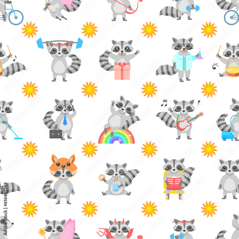 Seamless Pattern Abstract Elements Animal Raccoon Wildlife Vector Design Style Background Illustration Texture For Prints Textiles, Clothing, Gift Wrap, Wallpaper, Pastel