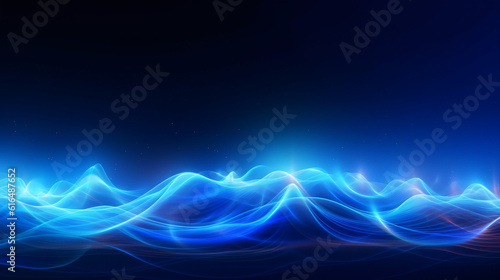Abstract background of glowing neon lines and blue illuminated cloud. Light tracks