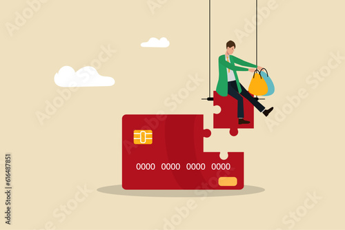 Shopping except from bank account, consumerism and daily consumption, spending available assets, businessman sitting on puzzle piece of his bank card and holding shopping bags