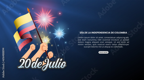 20 de Julio Día de la Independencia de Colombia or 20th July Independence Day of Colombia background with waving flag and fireworks