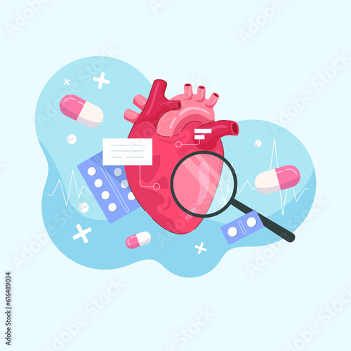 Cardiology. Checking heart health and cardiovascular pressure. Vector illustration in flat style
