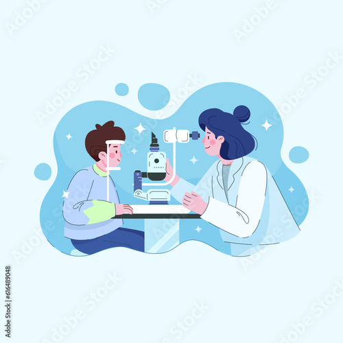 Ophthalmologist checks the patient's vision. Optical eye test. Good vision and care. Vector illustration in flat style