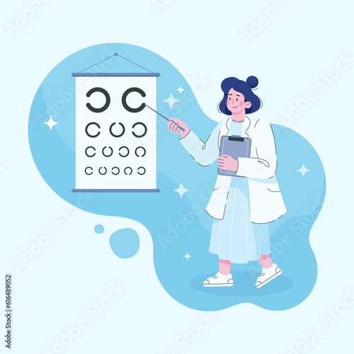 Ophthalmologist checks the patient's vision. Optical eye test. Good vision and care. Vector illustration in flat style