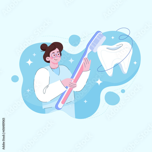 Teeth whitening and professional cleaning procedures. Braces. Aesthetic dentistry, dental aesthetic clinic. Vector illustration in flat style
