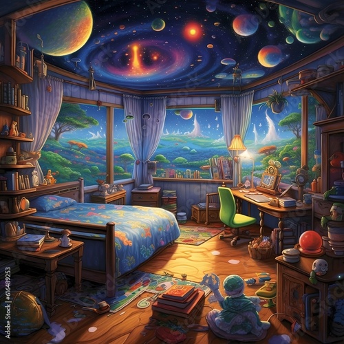 The bedroom is decorated in space style 