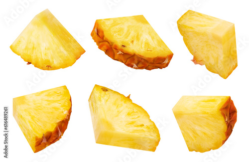 Pineapple isolated set. Collection of ripe pineapple slices in different angles on a white background.