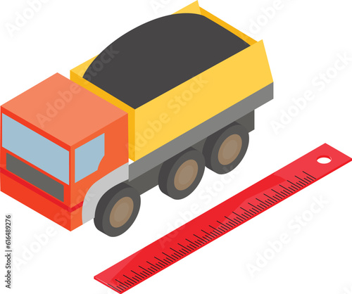 Coal transportation icon isometric vector. Dump truck with coal and red ruler. Supply of energy resource, extractive industry