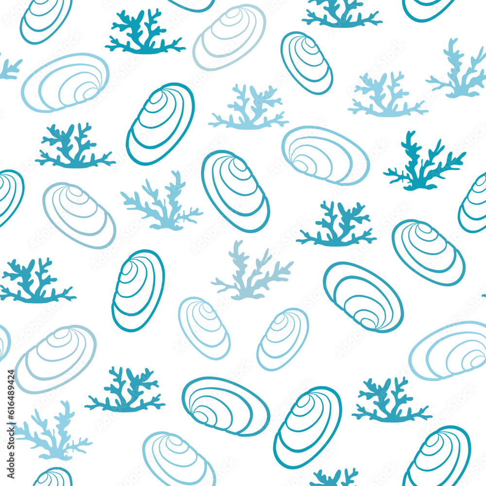 Seamless pattern with seashells, corals. Marine background. Vector illustration in doodle style. Seamless pattern with seashells, corals. Marine background. Vector illustration in doodle style.