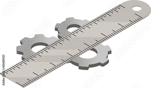Technical equipment icon isometric vector. Three metal gear and measuring ruler. Repair and maintenance concept