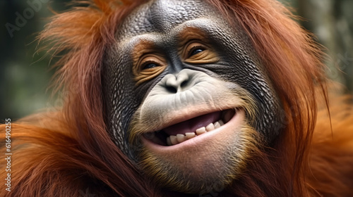 an orangutan grins amusedly into the camera, generative AI