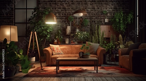 A living room featuring a sofa, table, rug, plant, and lamp, creating a harmonious and cozy atmosphere. Ganerative AI © Dhiman