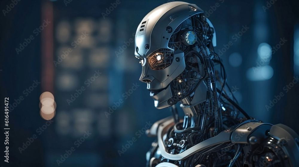 Fototapeta premium Generative Ai image of a robot sitting in front of a computer