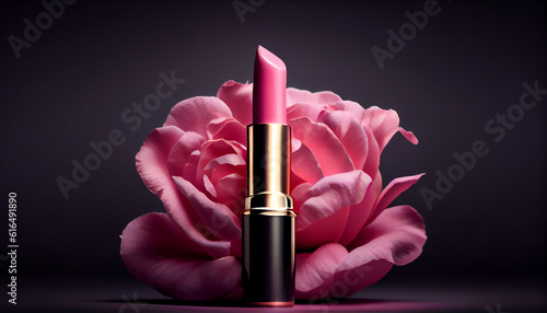 Pink lipstick surrounded by pink rose Ai generated image