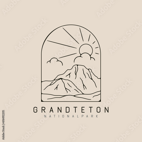 grand teton mountain national park line art logo design with sun burst and cloud minimalist style logo vector illustration design.