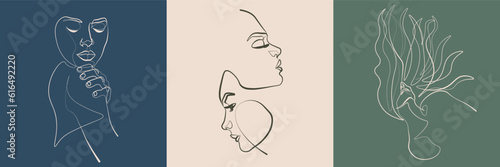 Surreal Faces Continuous line, drawing of set faces and hairstyles, fashion concept, woman's beauty, minimalist, vector illustration, pretty sexy. Love yourself and take care of yourself.