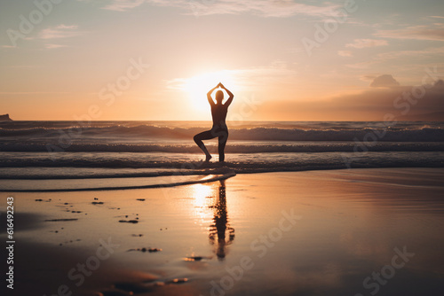 Silhouette of woman doing yoga at beach during sunrise. 