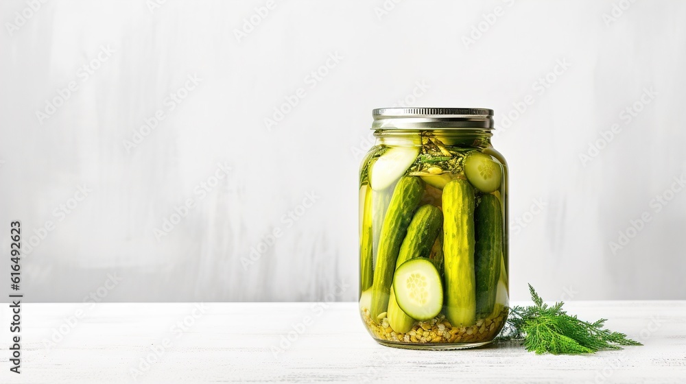 ickled cucumbers in a glass jar on a light background. Homemade fermented or pickled cucumbers Generative AI ickled cucumbers in a glass jar on a light background. Homemade fermented or pickled cucumbers Generative AI
