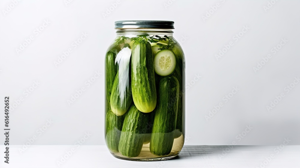ickled cucumbers in a glass jar on a light background. Homemade fermented or pickled cucumbers Generative AI ickled cucumbers in a glass jar on a light background. Homemade fermented or pickled cucumbers Generative AI