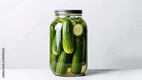 ickled cucumbers in a glass jar on a light background. Homemade fermented or pickled cucumbers Generative AI