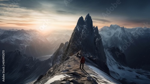 Aerial view of a landscape with a dramatic sky showing an adventurous hiker standing on an icy peak with rocky mountains. Generative AI