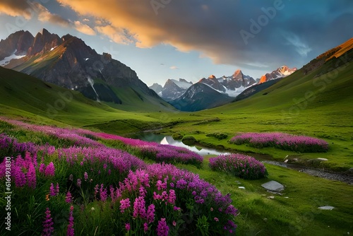 A remote alpine meadow  blanketed in vibrant green grass and colorful wildflowers  with snow-capped mountains towering in the background.