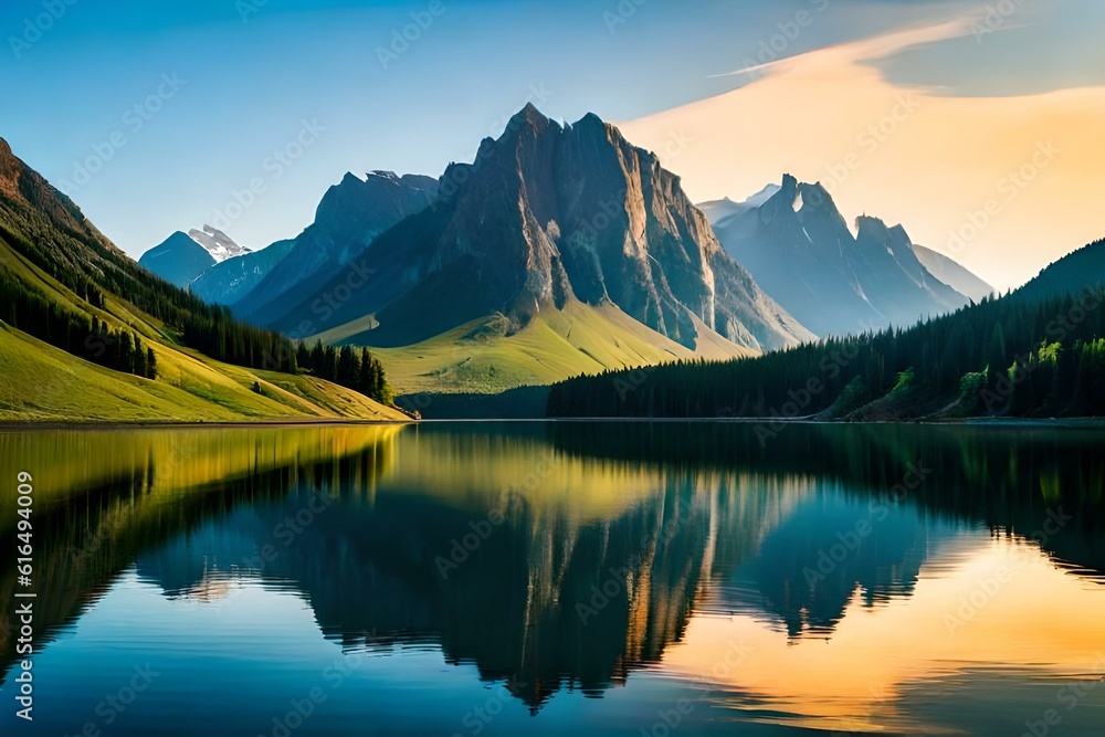 A secluded mountain lake surrounded by verdant slopes, reflecting the towering peaks and clear blue sky in its tranquil waters.