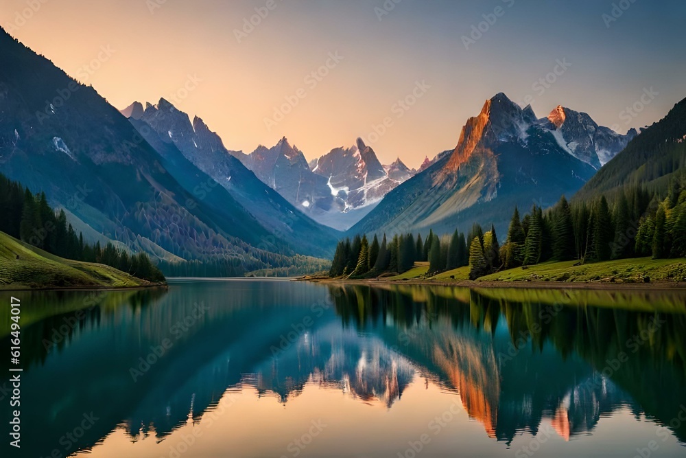 A secluded mountain lake surrounded by verdant slopes, reflecting the towering peaks and clear blue sky in its tranquil waters.