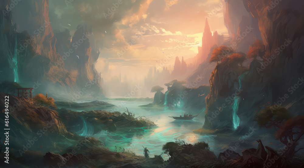 a painting of a fantasy valley with trees and mountains, dream world, generative AI