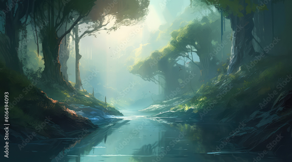 a painting of a fantasy valley with trees and mountains, dream world, generative AI