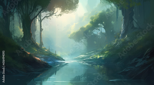 a painting of a fantasy valley with trees and mountains  dream world  generative AI