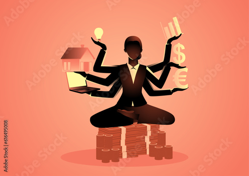 Business concept illustration of a business woman with multiple hands holding financial symbols, financial guru or expert, investment planning concept