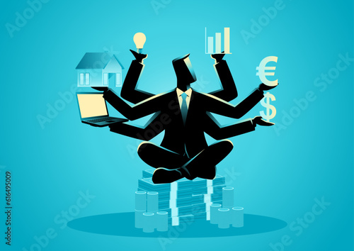 Business concept illustration of a businessman with multiple hands holding financial symbols, financial guru or expert, investment planning concept