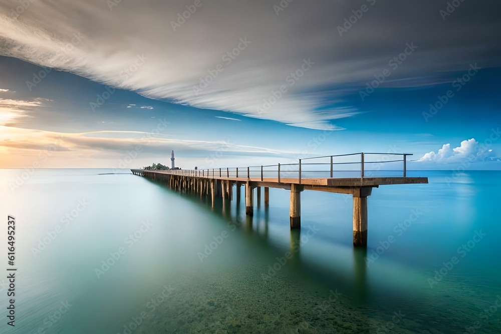 A charming wooden bridge over calm, crystal-clear waters, surrounded by lush greenery and with the sea stretching out to the horizon.