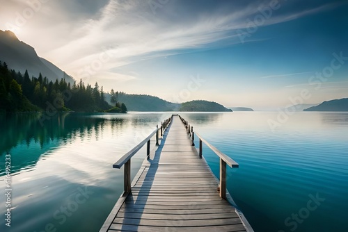 A charming wooden bridge over calm, crystal-clear waters, surrounded by lush greenery and with the sea stretching out to the horizon. © Muhammad