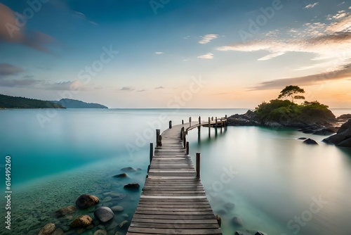 A charming wooden bridge over calm  crystal-clear waters  surrounded by lush greenery and with the sea stretching out to the horizon.