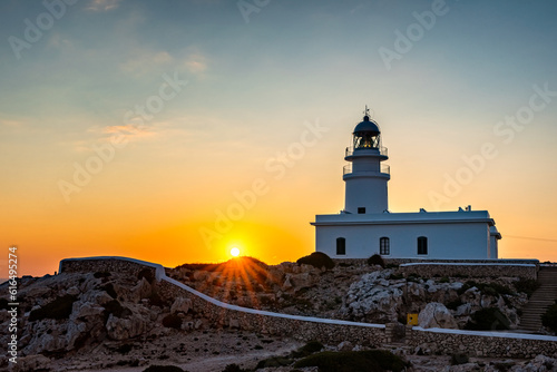 Landscape of beautiful sunset at Cavallerie Lighthouse. Menorca, Spain