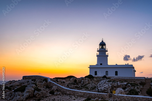 Landscape of a beautiful sunset at Cavallerie Lighthouse. Menorca, Spain