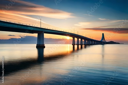 A futuristic and sleek bridge with elegant curves, spanning over the deep blue sea against a backdrop of a colorful sunset sky.