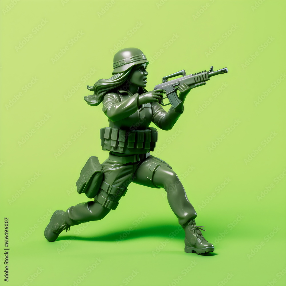 female green army man toy with gun isolated on plain studio background made with generative ai female green army man toy with gun isolated on plain studio background made with generative ai