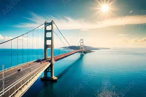A magnificent suspension bridge stretching across a vast expanse of turquoise blue sea, with the sunlight reflecting off the water. © Muhammad