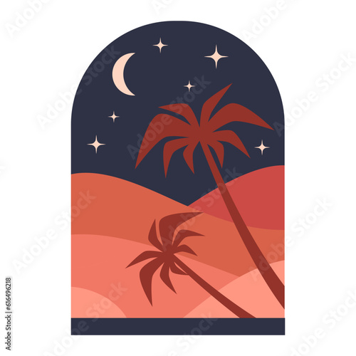 Arch frame. Oriental muslim window, arabic winding frame with palm trees and night sky flat vector illustration