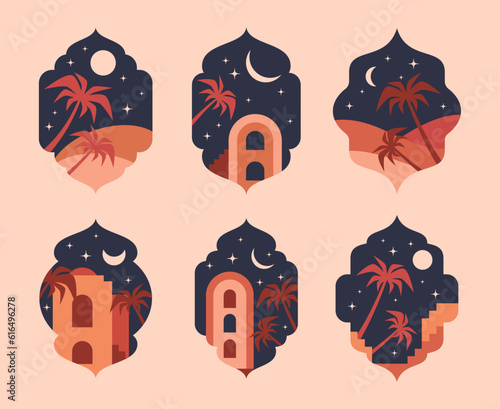 Oriental arch frames. Arabic muslim windows, winding frames with palm trees, mosque and night sky flat vector illustration set