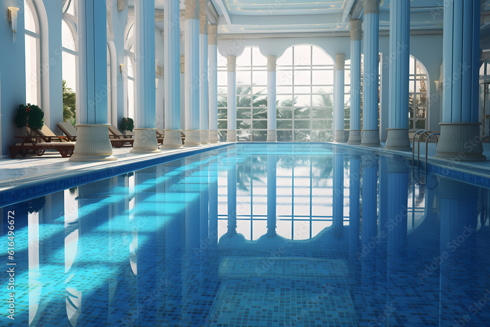 A large swimming pool in a luxury hotel complex 