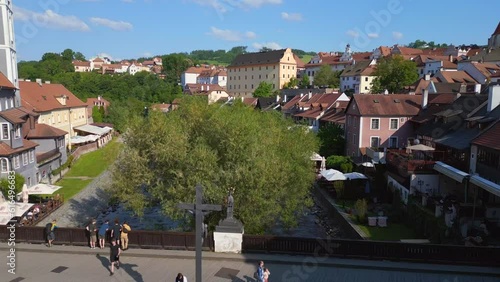 Town Krumlov river moldova Czech Bohemia. Great aerial top view flight drone photo