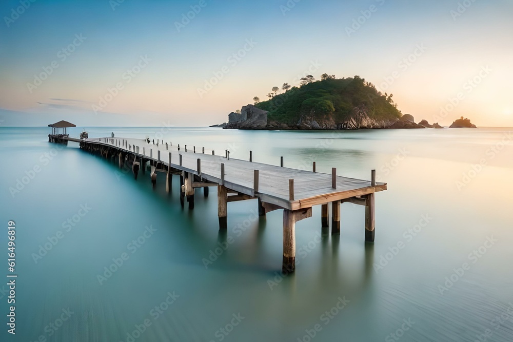 A rustic wooden footbridge leading to a small island in the middle of the sea, with white sand beaches and clear, inviting waters.