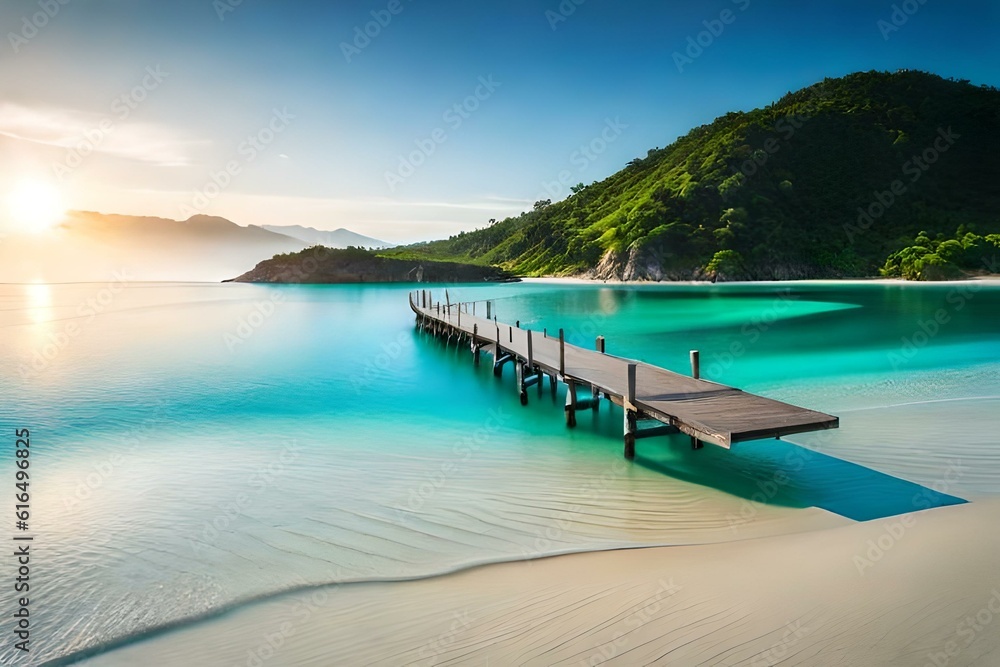 A rustic wooden footbridge leading to a small island in the middle of the sea, with white sand beaches and clear, inviting waters.